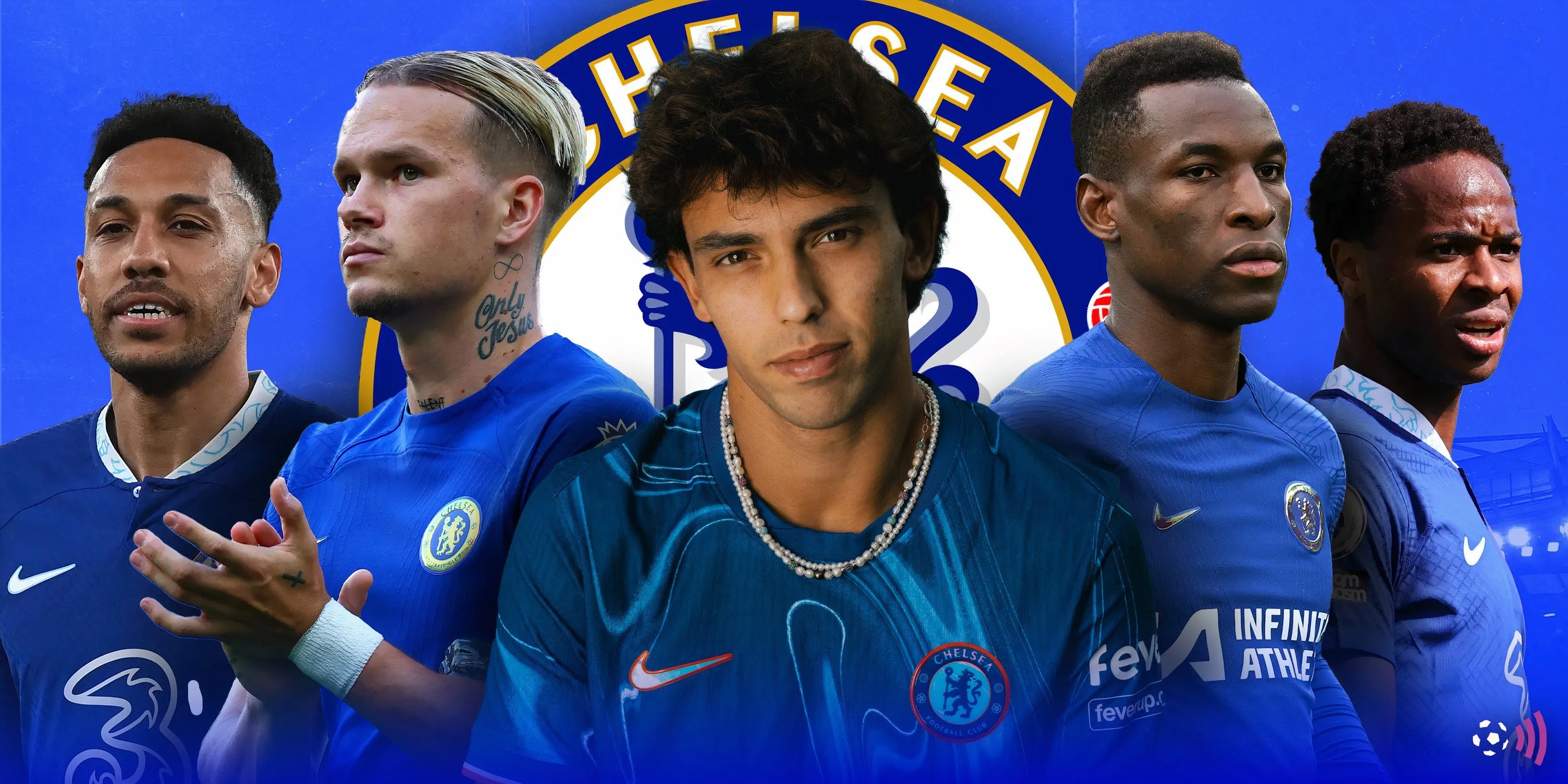 Hình ảnh ghép các cầu thủ Chelsea gồm Aubameyang Mudryk Felix Jackson Sterling dưới thời Boehly