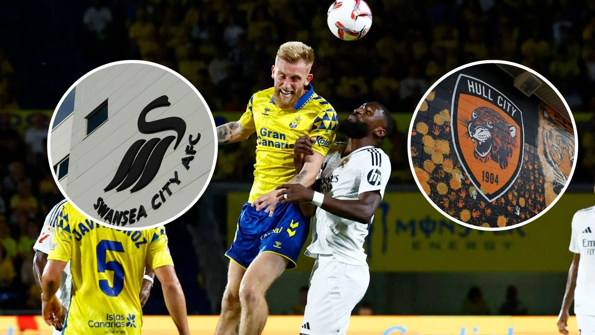 Hình ảnh kết hợp logo Las Palmas, Swansea City và Hull City cùng Oli McBurnie