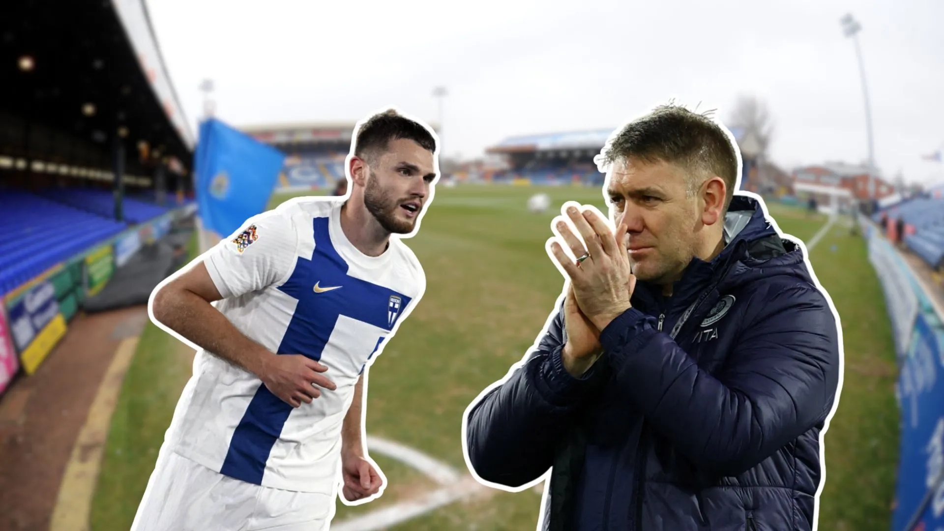 Huấn luyện viên Dave Challinor và cầu thủ Arttu Hoskonen của Stockport County tại sân Edgeley Park