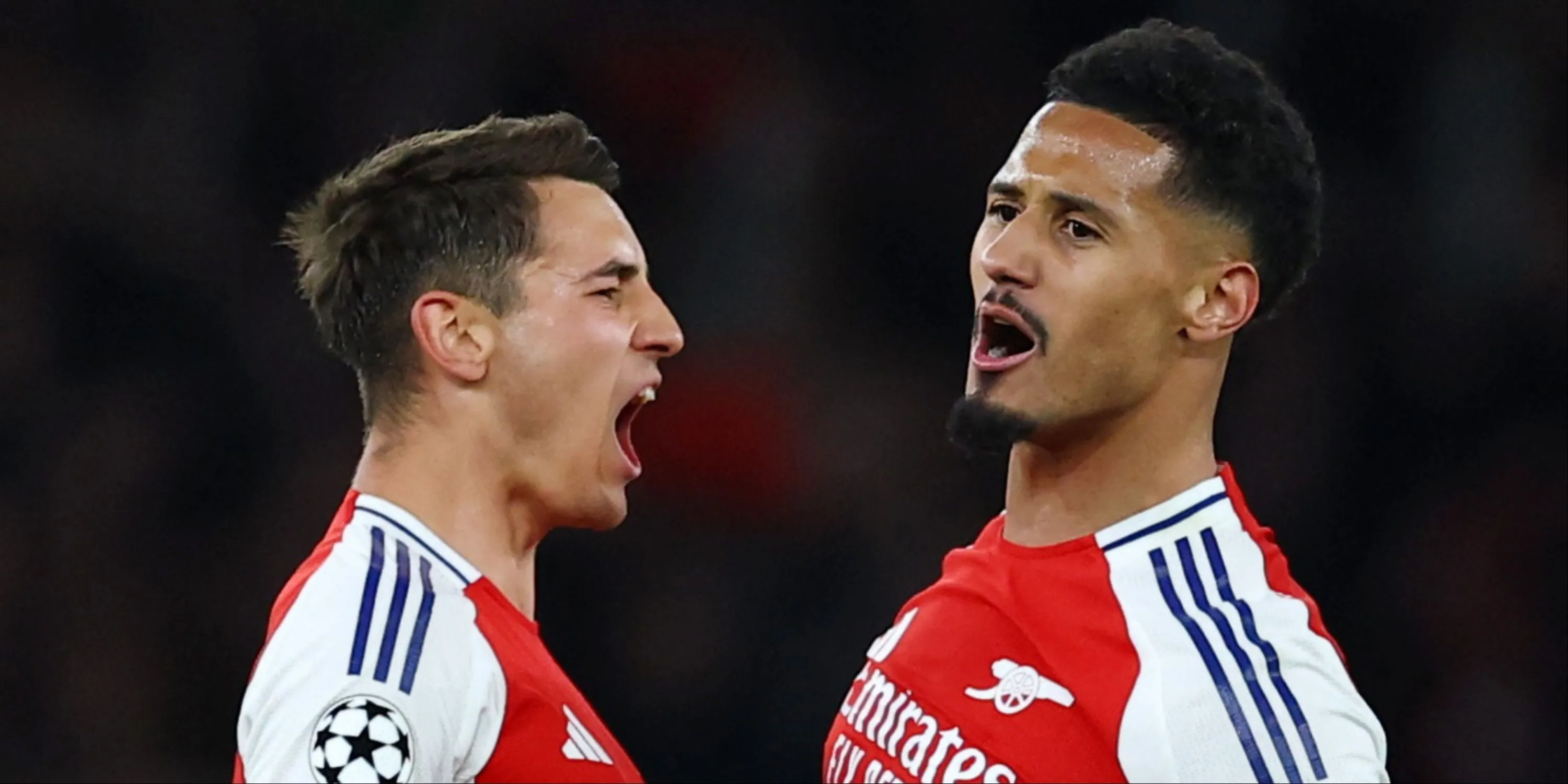 Jakub Kiwior và William Saliba, hai trung vệ của Arsenal, trong một trận đấu.