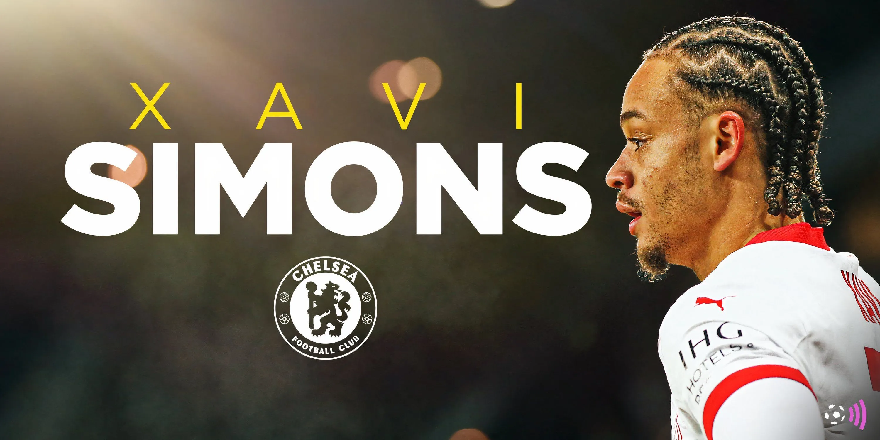 Cầu thủ trẻ Xavi Simons trong màu áo RB Leipzig, ảnh ghép với logo Chelsea