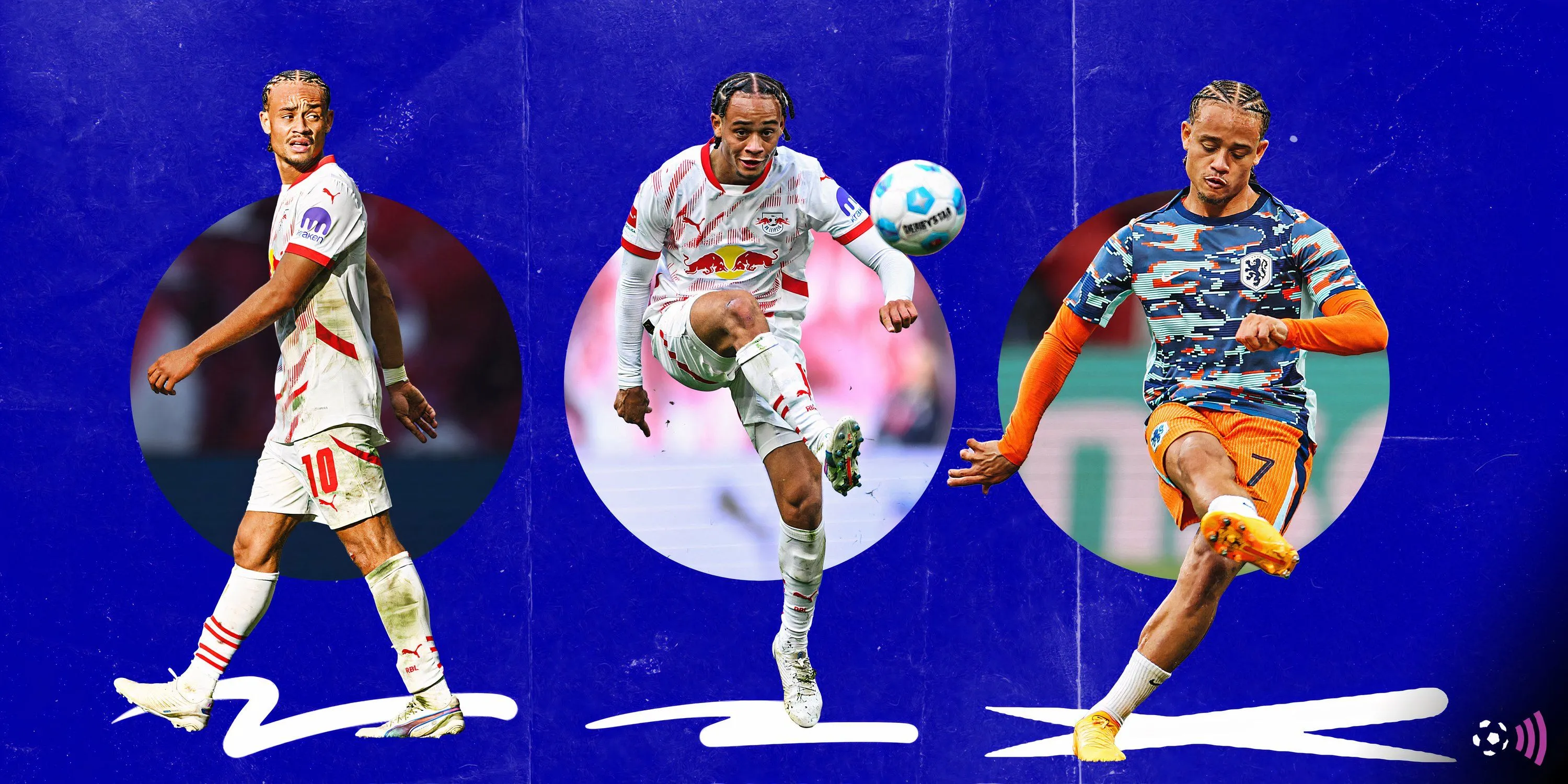 Cầu thủ Xavi Simons trong một pha đi bóng trên sân, ảnh gắn kèm logo Chelsea