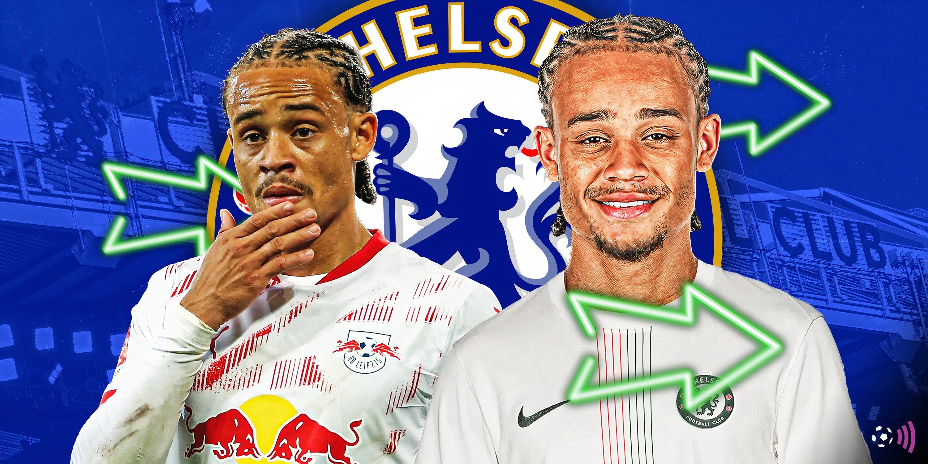 Xavi Simons và logo Chelsea, đại diện cho khả năng chuyển đến Stamford Bridge